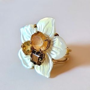 Bounkit mother of pearl carved flower with multi gemstone center 14KT over brass